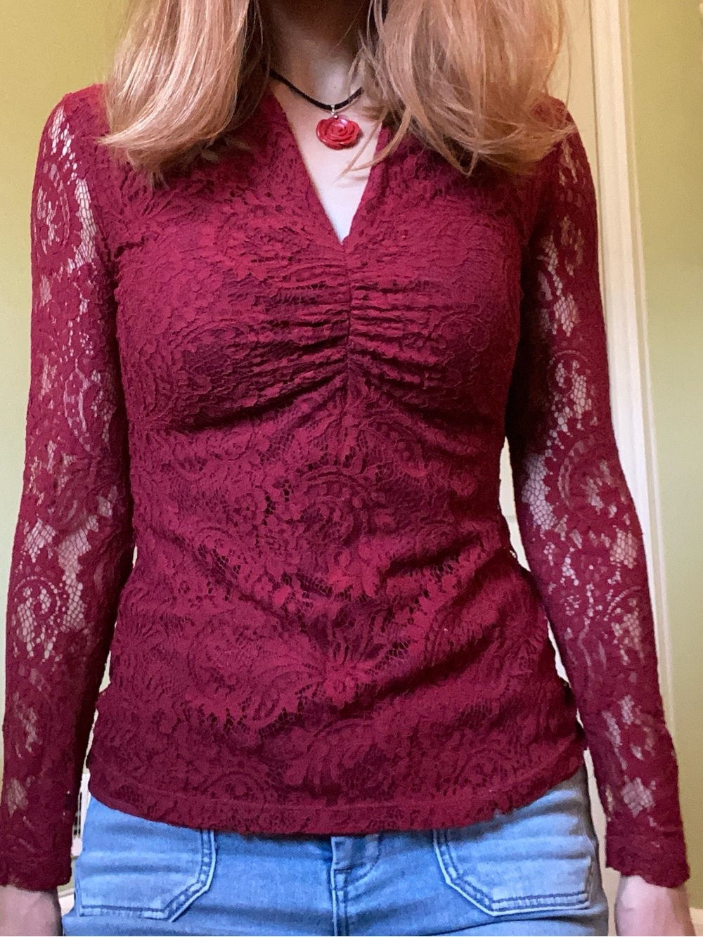 Whimsigoth Lace Long-Sleeve Lace Top in Wine